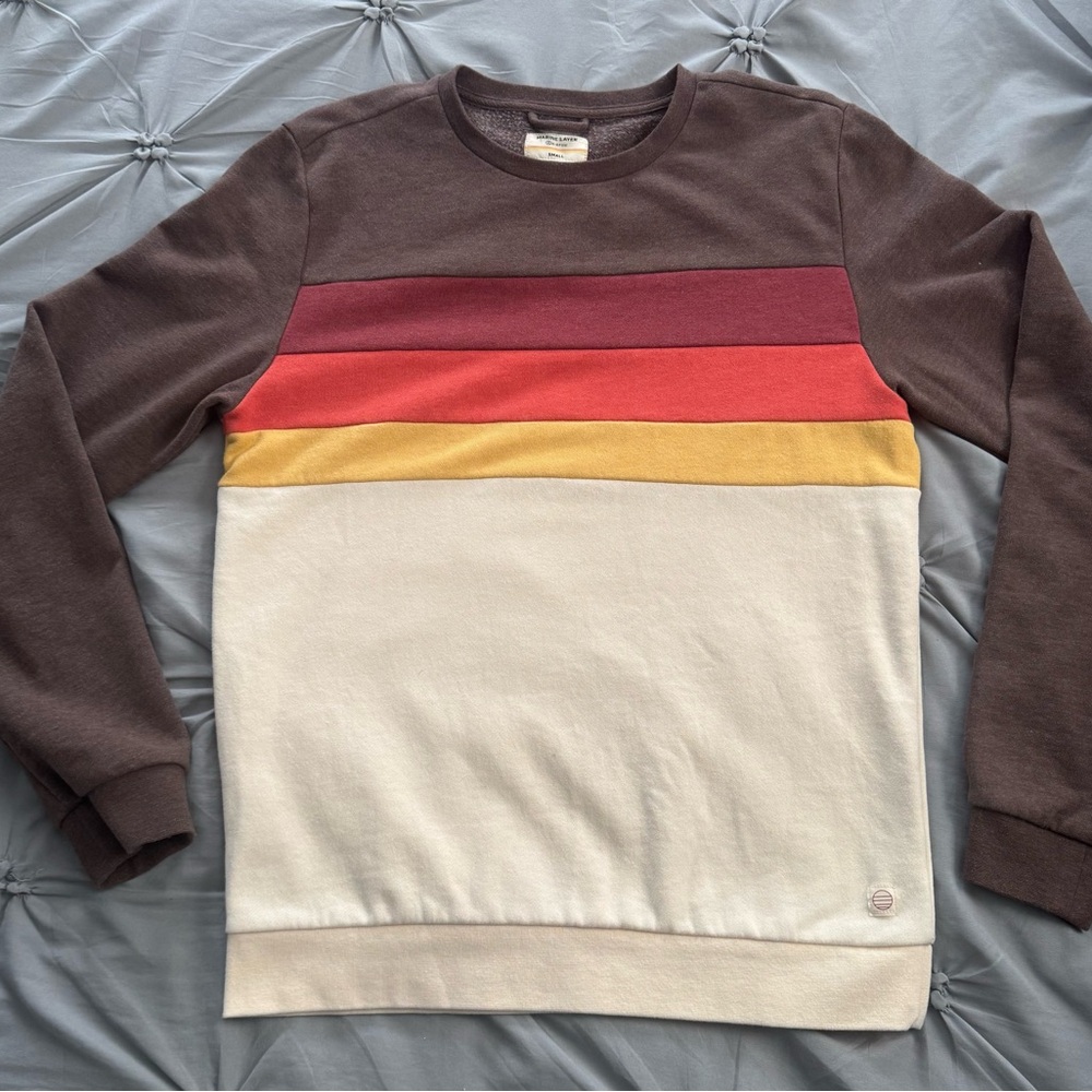 Marine Layer Men's Striped Crewneck Sweater - Brown, Red, Yellow, Cream